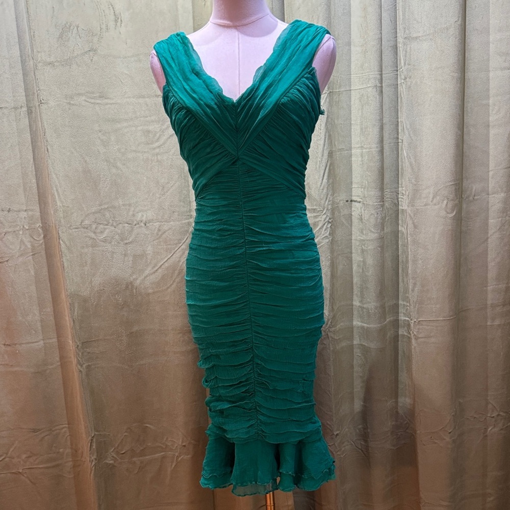 Teal Ruffled V-Neck Sheath Dress